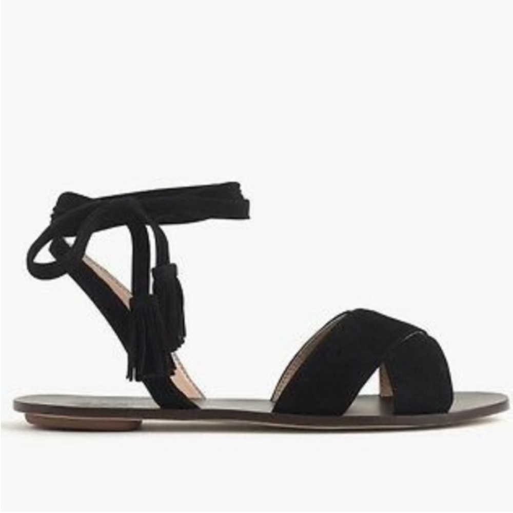J.Crew Lux Size 9.5 Soft Suede Lace-Up Black Flat Sandals